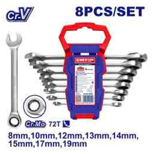 Ratchet Spanner Set 8pcs, 8-19mm, Cr-V, Fine Polished, Plastic Hanger